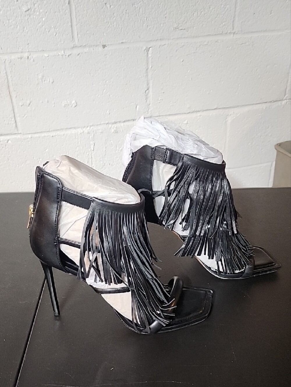 Black Fringe High Heel Sandals - Women's Designer Style - Picture 5 of 8